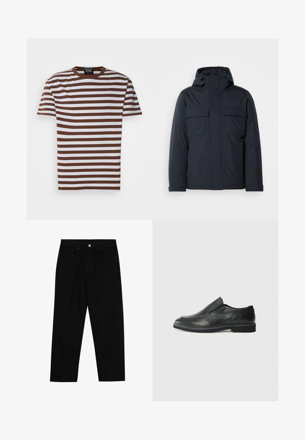 Tamsiai mėlyna pūkinė striukė su kapišonu, turinti dvi dideles priekinės kišenes ir lygius, matinius paviršius. Uždarymas užtrauktuku.; Rudas ir baltas trumpomis rankovėmis marškinėliai su apvalia apykakle ir raunėta tekstūra. Etiketas matomas prie apykaklės.; Juoda džinsinė kelnė su tiesiu kirpimu, penkių kišenių dizainu ir priekiniais mygtukais. Lygus paviršius su minimaliu siuvimo detalėmis.; Juodai odiniai įtvirtinimo batai su lygiu paviršiumi, siuvinėjimo akcentais, apvalia nosimi ir žemu guminiu kulnu. Pado raštas minimalus.