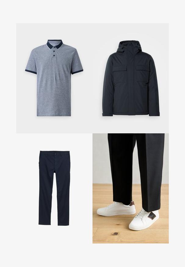 Tamsiai mėlyna pūkinė striukė su kapišonu, turinti dvi dideles priekinės kišenes ir lygius, matinius paviršius. Uždarymas užtrauktuku.; Pilkos spalvos trumpomis rankovėmis polo marškiniai su tamsiai mėlynu apykakle ir rankovių kraštais. Yra trys juodi mygtukai ir subtili heather tekstūra.; Jūržydros mėlynos spalvos lengvi kelnių modeliai su lygiu paviršiumi, tiesiomis kojų linijomis, sagčių uždarymu ir šoninėmis kišenėmis.; Balti sportbačiai su glotnia danga, puošti rudais odiniais akcentais ir juodais detalėmis, derinami su juodais pritaikytais kelnėmis. Medinių grindų fonas.
