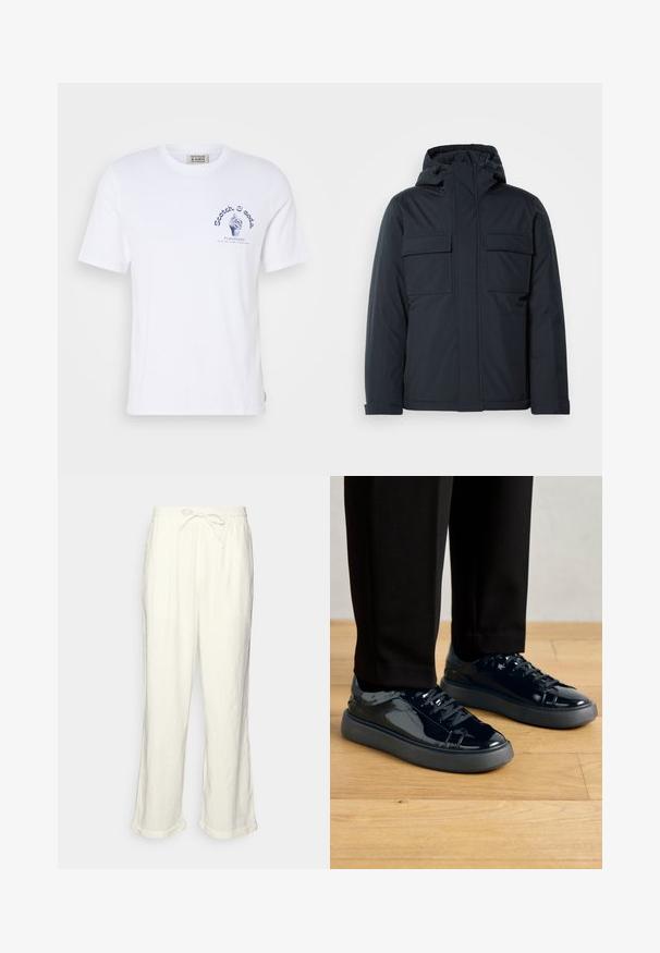 Sötétkék szigetelt dzseki kapucnival, két nagy elülső zsebbel és sima, matt felülettel. Cipzáras elülső záródás.; Fehér pamut póló rövid ujjal. Elöl egy kék grafikai nyomat látható, ami egy fagyitölcsért és a "Scotch & Soda" márkanevet ábrázolja.; Sötétfehér len nadrág, húzózsinóros derékkal, enyhén bő szárakkal és feltekert szegéllyel a laza illeszkedés érdekében. Zsebek nélkül.; Fekete lakkbőr sportcipők texturált gumitalppal, kerek orral és passzoló fekete fűzőkkel, fekete nadrággal párosítva, egy fa padlón.