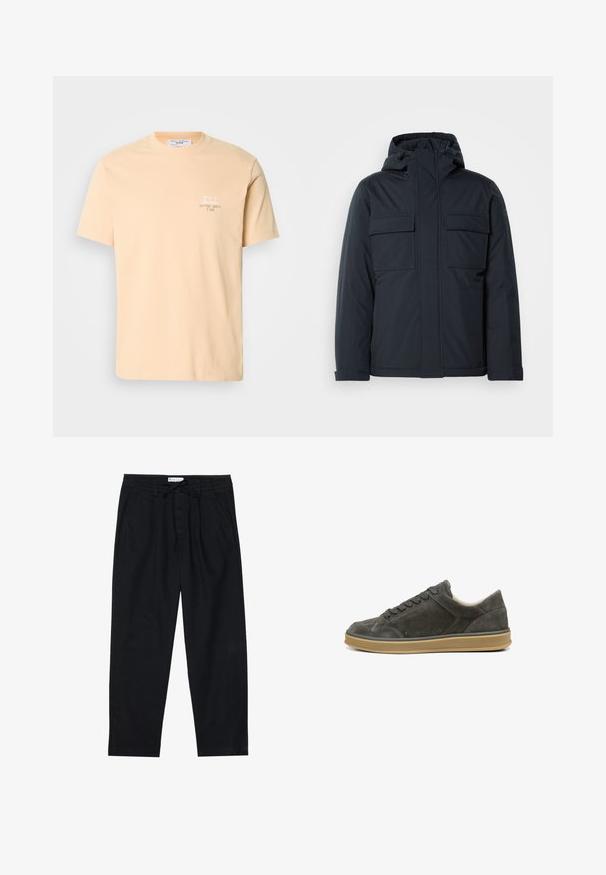 Navy blue insulated jacket with a hood, featuring two large front pockets and a smooth, matte finish. Zippered front closure.; Peach-colored cotton t-shirt with short sleeves, featuring a small white graphic and text on the left chest area. Simple crew neckline.; Pier One Chinos - black; Dark grey suede sneaker with round toe, front lacing, and contrasting light brown rubber sole. Features minimal seams and a smooth texture.