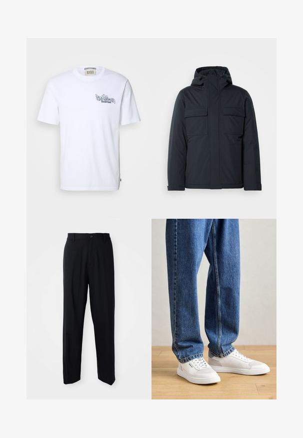 Giacca isolante blu navy con cappuccio, dotata di due grandi tasche frontali e una finitura liscia e opaca. Chiusura frontale con zip.; T-shirt bianco in cotone con maniche corte, caratterizzato da una stampa grafica nera sul petto. Etichetta visibile all'interno del colletto. Design semplice, senza motivi.; Pantaloni neri a gamba dritta con passanti per cintura, chiusura a bottone e un design elegante e minimale su uno sfondo neutro.; Sneakers bianchi con suola in gomma, dettagli perforati sui lati, abbinate a jeans di denim blu chiaro e lunghi, su un pavimento in legno.