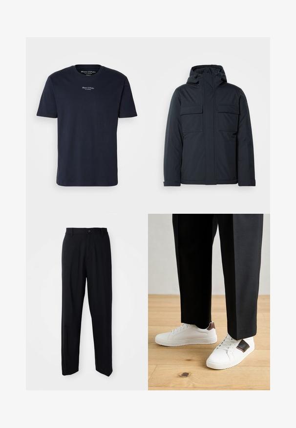 Tumesinine isolatsiooniga jakk kapuutsiga, millel on kaks suurt esikot ja sile, mati viimistlusega pind. Ees lukuga sulgumine.; Tumedan sinine puuvillane t-särk lühikeste varrukatega, ümar kaelus, millel on väike valge logo tekst ülalt rinnal. Sile tekstuur, regulaarne lõige.; Mustad sirged püksid, millega on kaasas vöökohad, nööbiga sulgus ja voolav, minimalistlik disain neutraalsel taustal.; Valged sneakersid siledat tekstuurist, millel on pruunad nahast detailid ja mustad aksessuaarid, millele on sobitatud mustad kohandatud püksid. Puitpõranda taust.