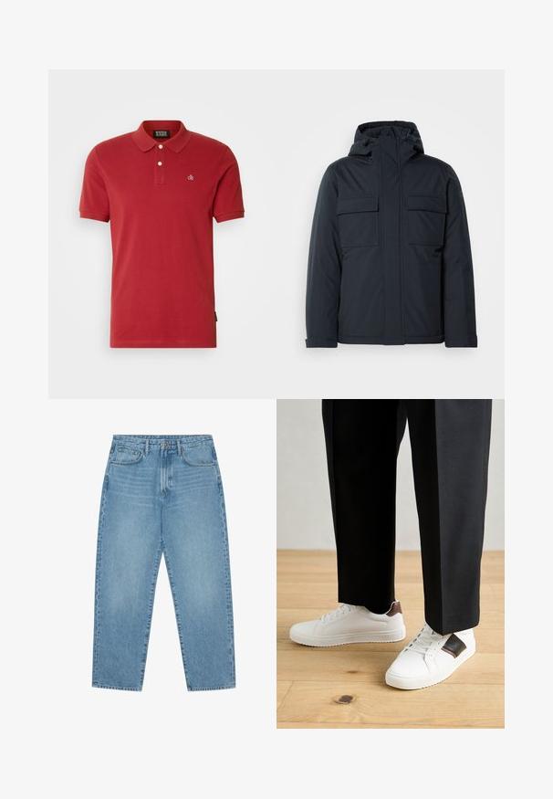 Tumši zils izolēts džemperis ar kapuci, ar divām lielām priekšējām kabatām un gludu, matētu apdari. Ar rāvējslēdzēju aizverama priekšpuse.; Sarkana kokvilnas polo krekls ar klasisku apkakli, divu pogu aizdari, īsām piedurknēm un mazu izšūtu logotipu kreisajā pusē.; Gaiši zili denim auduma platgala bikses ar augstu jostasvietu, ar piecām kabatām, jostu cilpām un mīkstu, nedaudz nodilušu tekstūru.; Baltā pārsoļa apavi ar gludu tekstūru, papildināti ar brūniem ādas akcentiem un melniem elementiem, savienoti ar melnām pielāgotām biksēm. Koka grīdas fons.