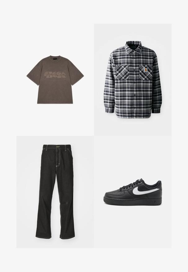 Μαύρο και άσπρο καρό φανέλα με μακριά μανίκια, δύο μπροστινές τσέπες και τετράγωνη εκτύπωση λογότυπου στην δεξιά τσέπη. Κλείσιμο με κουμπί.; Πλεονάζον γκρίζο βαμβακερό t-shirt με στρογγυλή λαιμόκοψη και κοντά μανίκια; διαθέτει μεγάλο, διακριτικό γραφικό "PEGA DOG" μπροστά.; Μαύρα τζιν παντελόνια με χαλαρή εφαρμογή, που διαθέτουν λευκές ραφές σε αντίθεση, κλείσιμο με κουμπί και ίσια γραμμή.; Μαύρα παπούτσια Nike Air Force 1 με λείο δέρμα στο επάνω μέρος, λευκή λεπτομέρεια λογότυπου, τρυπητή μύτη και υφασμάτινη σόλα από καουτσούκ.