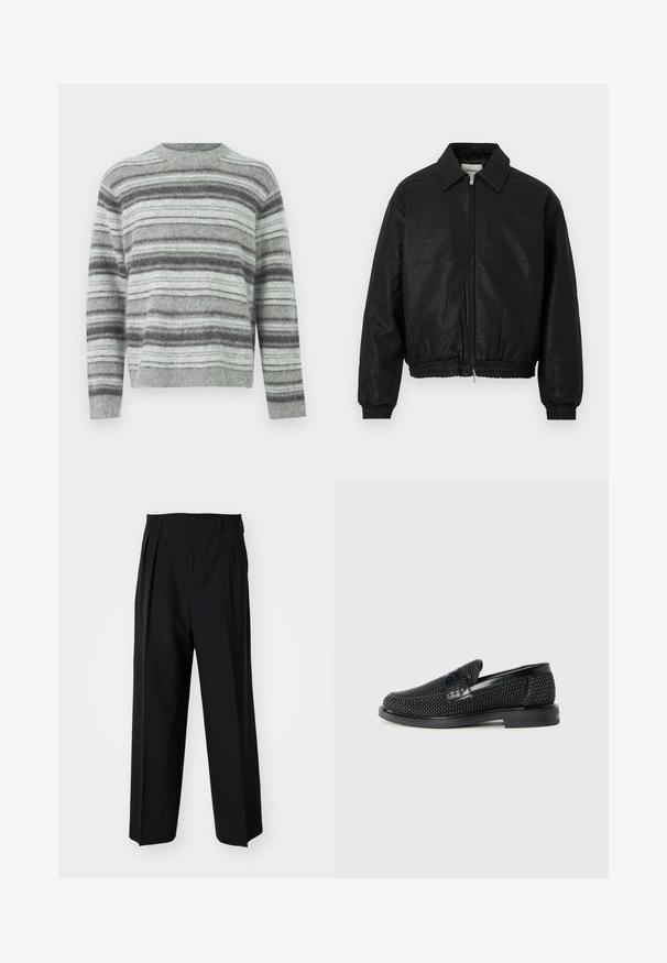 Zwarte leren bomberjack met een frontale rits, spitse kraag, elastische manchetten en elastische taille, weergegeven op een witte achtergrond.; Lichtgrijze trui met donkergrijze en witte horizontale strepen, gemaakt van zacht gebreid materiaal, met een ronde hals en lange mouwen.; Zwarte geplooide broeken met een rechte, brede pijpontwerp. Gemaakt van soepele stof, met een knoopsluiting en riemlussen.; Zwartegeweven instap schoenen met een glad leren accent aan de bovenkant, een ronde neusontwerp en een laag profiel rubberen zool.
