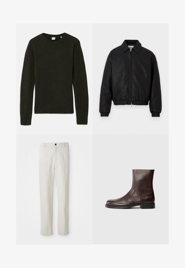 Zwarte leren bomberjack met een frontale rits, spitse kraag, elastische manchetten en elastische taille, weergegeven op een witte achtergrond.; Donkergroene gebreide trui met een ronde halslijn, geribde manchet en zoom. Zachte textuur, lange mouwen en een eenvoudig ontwerp zonder patronen.; Beige recht gesneden broek met riemlussen, voorknop en ritsluiting, plat weergegeven op een witte achtergrond.; Bruine leren enkelboots met een gladde textuur, ronde neus, minimale stiksels en een platte zwarte rubberen zool.