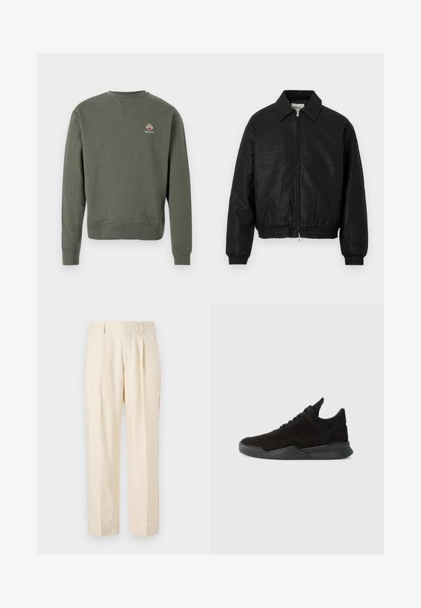 Veste bomber en cuir noir avec une fermeture éclair à l'avant, un col pointu, des poignets élastiques et une taille élastique, présentée sur un fond blanc.; Sweatshirt à col rond à manches longues vert olive avec un petit logo Bally multicolore sur la poitrine gauche.; NN.07 KAY - Pantalon classique - off white; Baskets en suede noir avec un profil bas, une upper texturée, des lacets plats, et une semelle en caoutchouc solide dotée d'un léger talon et d'un design incurvé.