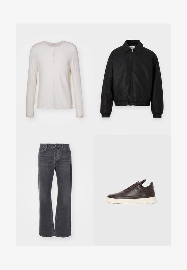 Zwarte leren bomberjack met een frontale rits, spitse kraag, elastische manchetten en elastische taille, weergegeven op een witte achtergrond.; Lange mouwen, crèmewit henley-shirt van zacht materiaal, met een ronde halslijn, drie knopen aan de voorkant en een rechte zoom.; Zwarte high-waisted jeans met een losse, brede pasvorm. Gemaakt van denim, met subtiele vervaging en voor- en achterzakken.; Donkerbruin gestructureerd leren sneaker met vetersluiting en een witte gegroefde rubberen zool tegen een effen lichte achtergrond.