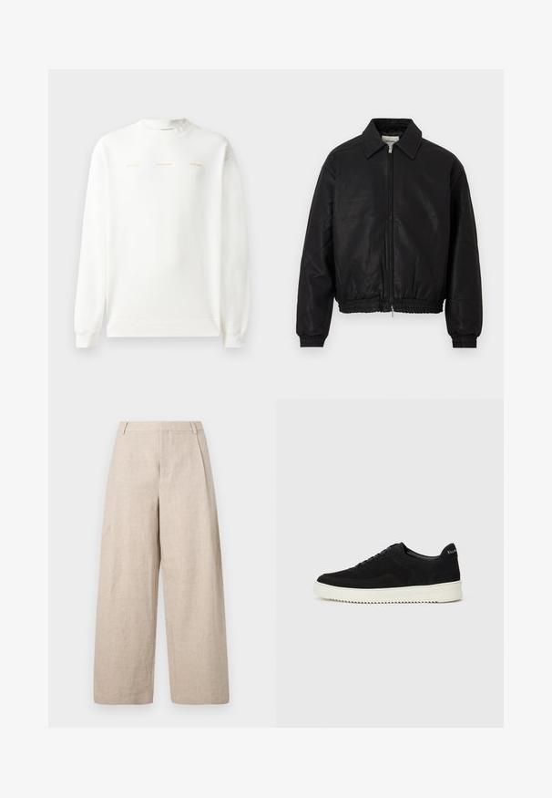 Jaqueta bomber de couro preto com fecho frontal, colarinho pontudo, punhos elásticos e faixa elástica na cintura, exibida sobre um fundo branco.; Sweatshirt branco com gola redonda, mangas longas e punhos canelados. Apresenta texto impresso a dourado ao longo do peito: "HZW (25-26) HOLZWEILER THE SUN."; Holzweiler ALEX ONE PLEAT TROUSER - Calças - ecru; Sapatilhas de camurça pretas com design de atacadores e sola de borracha branca em contraste. Apresenta painéis laterais texturizados e uma marcação discreta no calcanhar.