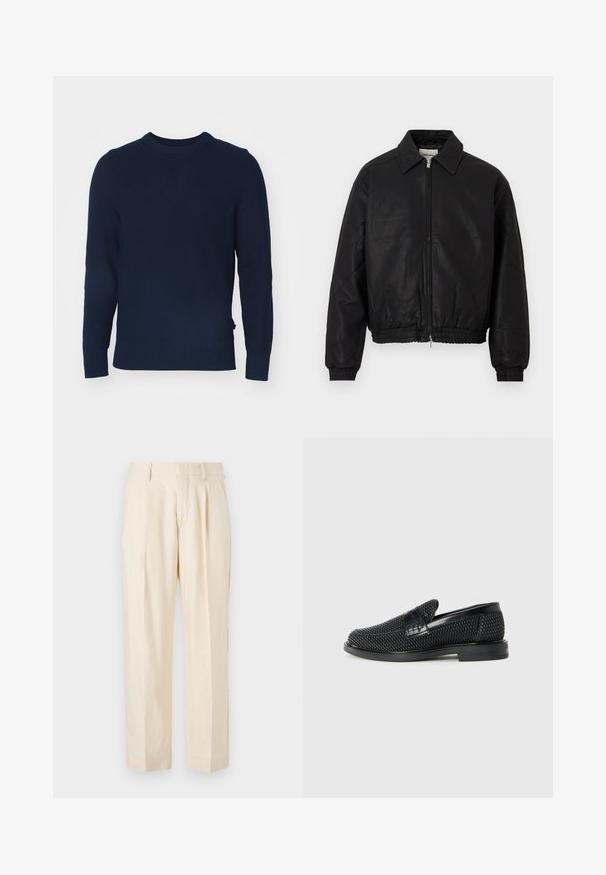 Svart läder bomberjacka med dragkedja fram, spetsig krage, elastiska ärmslut och elastisk midja, visad mot en vit bakgrund.; Mörkblå stickad tröja med rund halsringning, långa ärmar, ribbade ärmslut och nederkant, med ett strukturerat mönster över hela plagget.; NN.07 KAY - Tygbyxor - off white; Svart vävd slip-on sko med en slät läderdetalj på ovansidan, med rund tådesign och en låg gummisula.