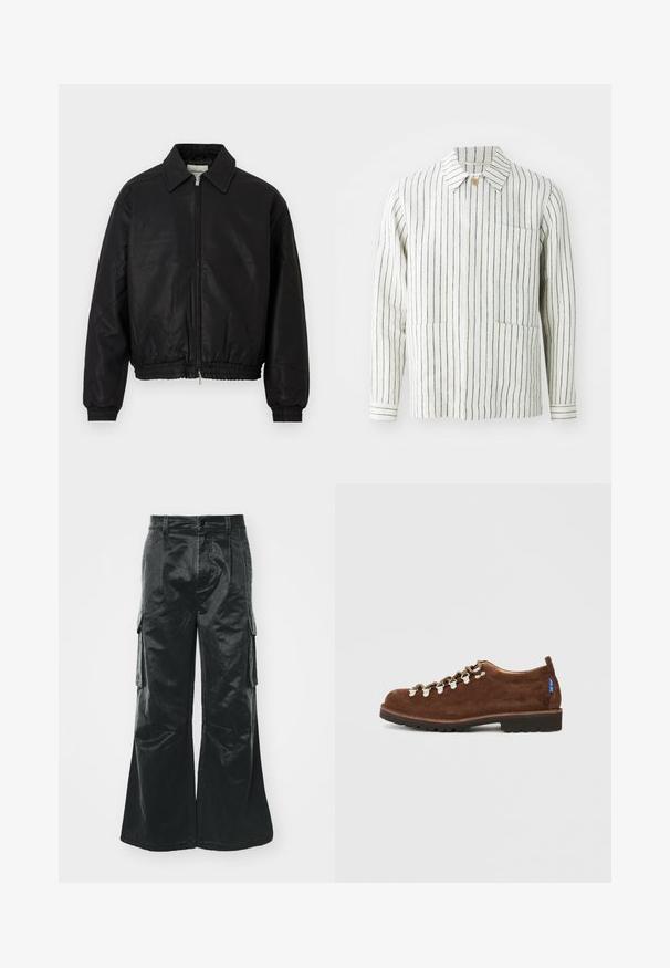 Jachetă bomber din piele neagră, cu fermoar frontal, guler ascuțit, manșon elastic și talie elastică, expusă pe un fundal alb.; Jachetă stripe în crem și bleumarin, fabricată dintr-un material ușor. Prezintă un guler, închidere cu nasturi și două buzunare frontale.; Pantaloni cargo negri cu croi larg și textură lucioasă. Au buzunare laterale, sistem de închidere cu nasture și detalii cusute de-a lungul cusăturilor.; Pantofi din suede maron cu un design cu profil joasă, având ochiuri metalice și șireturi albe, vârf întărit și o talpă texturată din cauciuc negru.