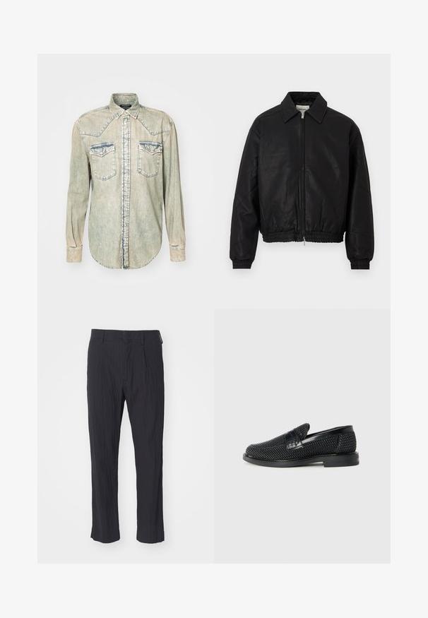 Giacca bomber in pelle nera con zip frontale, colletto a punta, polsini elasticizzati e vita elastica, esposta su uno sfondo bianco.; Camicia di denim chiaro con maniche lunghe, colletto a punta, due tasche sul petto e cuciture a contrasto lungo le cuciture e i bordi.; Pantaloni neri plissettati con tessuto testurizzato, caratterizzati da un design a gamba dritta e una vita standard. Senza tasche visibili o componenti metallici.; Scarpa nera a mocassino intrecciata con un accentuato in pelle liscia sulla parte superiore, design a punta rotonda e suola in gomma a profilo basso.