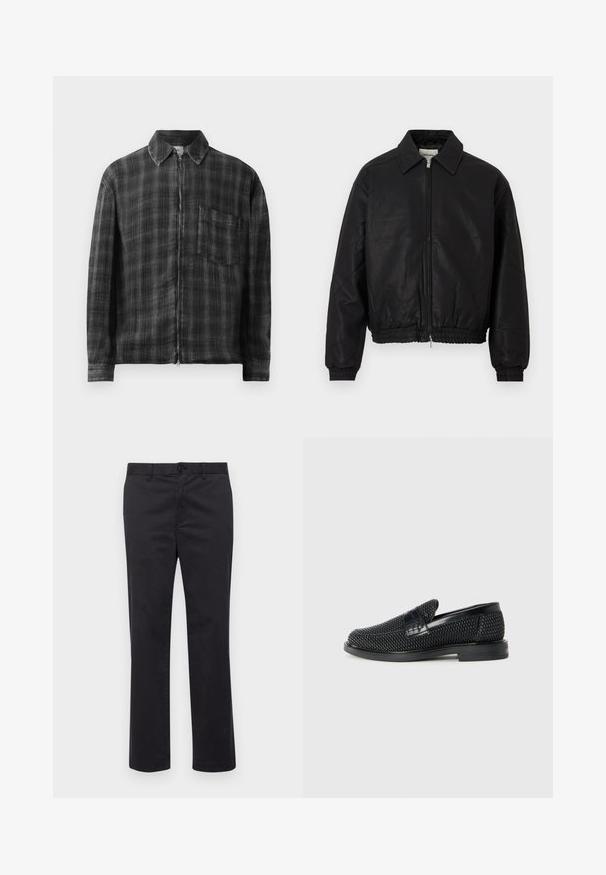 Schwarze Leder-Bomberjacke mit einem Frontreißverschluss, spitzem Kragen, elastischen Bündchen und elastischem Bund, präsentiert auf einem weißen Hintergrund.; Schwarz- und grau kariertes Zip-Up-Jackett mit Kragen, langen Ärmeln und Brusttasche. Hergestellt aus einem strukturierten Stoff. Glatter Reißverschluss.; Schwarze Baumwollhose mit geradem Bein, ausgestattet mit einem Knopfverschluss und Gürtelschlaufen. Glatte Textur, keine sichtbaren Muster oder Akzente.; Schwarzer geflochtener Slipper mit einem glatten Lederakzent im Obermaterial, einem runden Zehendesign und einer flachen Gummisohle.