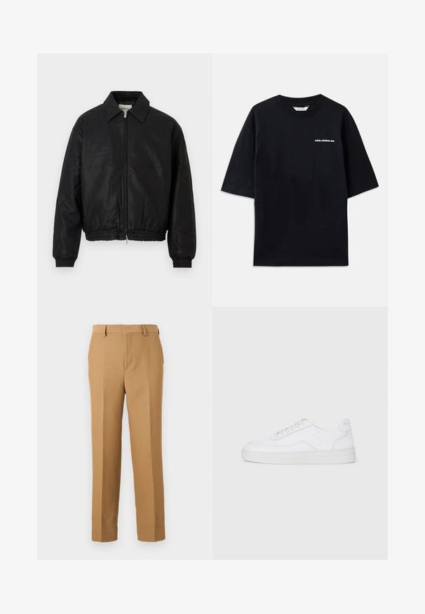 Crna kožna bomber jakna s prednjim zatvaračem, šiljastim ovratnikom, elastičnim manžetama i elastičnom strukom prikazana na bijeloj pozadini.; Crna pamučna majica s kratkim rukavima, okruglim izrezom i malim belim logom "HOLZWEILER" sprijeda, s ležernim krojem.; Bež hlače od tkanine s ravnim krojem, ravnog prednjeg dijela i petlje za remen. Glatka tekstura bez vidljivih uzoraka.; Bijela niska tenisica sa vezanjem sprijeda, glatkom gornjom površinom i gumiranim potplatom na jednostavnoj svijetloj pozadini.