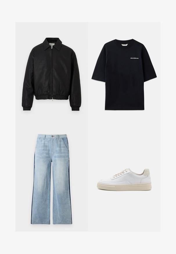 Juodas odinis bombonešio švarkas su priekine užtrauktuku, smailiu apykakle, elastingomis rankogaliais ir elastinga juosmens juosta, eksponuojamas ant balto fono.; Juodas medvilninis marškinėlis trumpomis rankovėmis, apvaliu iškirpimu ir mažuoju baltu "HOLZWEILER" logotipu priekyje, pasižymintis laisvu siluetu.; Šviesiai mėlyni džinsai plačiomis kojomis su tamsiai mėlynomis šoninėmis juostelėmis, brutaliu kraštu, priekinėmis kišenėmis ir sagčių uždarymu juosmenyje.; Baltas sportinis batelis su glotnia odine viršutine dalimi, bežinėmis raištelėmis ir struktūrizuota bežine zomšinėmis kulno juostele. Pade jaučiamas aukštis.