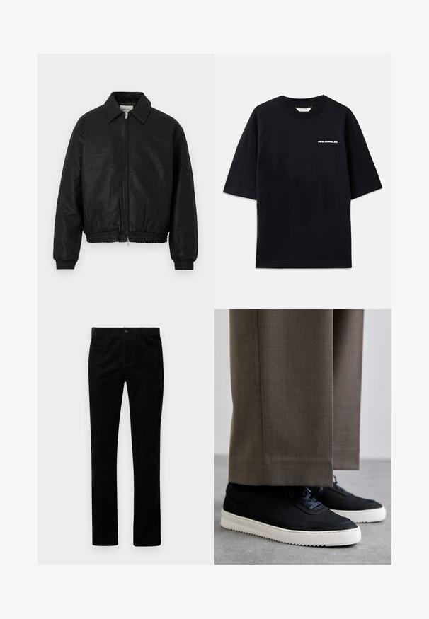 Black leather bomber jacket with a front zipper, pointed collar, elastic cuffs, and elastic waistband displayed on a white background.; Black cotton T-shirt with short sleeves, crew neck, and a small white "HOLZWEILER" logo on the front, featuring a loose fit.; Black corduroy pants with a straight-leg design, featuring front pockets and a metal button closure. Soft texture with vertical ribbing.; Black suede sneakers with white rubber soles, featuring a rounded toe and laces, worn with gray tailored pants.