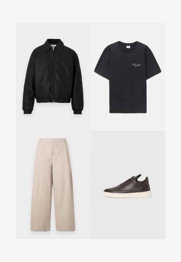 Black leather bomber jacket with a front zipper, pointed collar, elastic cuffs, and elastic waistband displayed on a white background.; Black short-sleeve crew neck t-shirt with small white "Filling Pieces" text logo on the left chest.; Holzweiler ALEX ONE PLEAT TROUSER - Trousers - ecru; Dark brown textured leather sneaker with lace-up front and white ridged rubber sole on a plain light background.