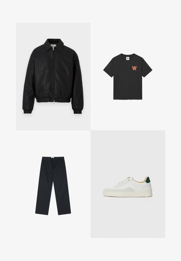 Melnas ādas bumbierveida jakas ar priekšējo rāvējslēdzēju, norādītu apkakli, elastīgām garajām piedurknēm un elastīgu jostasvietu, kas izstādīta uz balta fona.; Melnas kokvilnas T-kreklis ar īsām piedurknēm, apaļu kakla izgriezumu un oranžu "W" logo kreisajā krūtī. Mīksta, gluda tekstūra.; Melnas kokvilnas bikses ar taisnu kāju dizainu, ar pogu aizdari un vienkāršu jostu. Nav rakstu vai papildus akcentu.; Baltas sneakers ar zamša akcentiem, noapaļota purngala, plakaniem auklām un krēmkrāsas gumijas zoli. Ar zaļu zīmolu uz papēža.