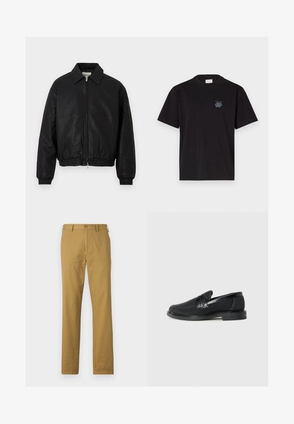 Juodas odinis bombonešio švarkas su priekine užtrauktuku, smailiu apykakle, elastingomis rankogaliais ir elastinga juosmens juosta, eksponuojamas ant balto fono.; Juodas medvilninis marškinėliai su apvalia kaklo iškirpte ir trumpomis rankovėmis. Yra mažas mėlynas logotipas ant kairiojo krūtinės. Paprastas, tiesus kirpimas.; Bežiniai medvilniniai kelnės tiesiu siluetu, su priekinėmis kišenėmis ir mygtuko uždarymu. Lygi tekstūra ir minimalus dizainas, matomų raštų nėra.; Juodas pintas slip-on tipo batelis su lygiu odiniu akcentu viršuje, apvalios nosies dizainas ir žemas guminis padas.