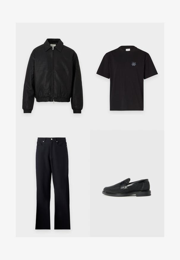 Veste bomber en cuir noir avec une fermeture éclair à l'avant, un col pointu, des poignets élastiques et une taille élastique, présentée sur un fond blanc.; T-shirt en coton noir avec un col rond et des manches courtes. Présente un petit logo bleu sur la poitrine gauche. Design simple et droit.; Pantalons noirs en tissu texturé, avec une taille ajustée, deux poches avant et une coupe droite. Accents en métal argenté inclus.; Chaussure slip-on tissée noire avec un accent en cuir lisse sur le dessus, un design à bout rond et une semelle en caoutchouc à profil bas.