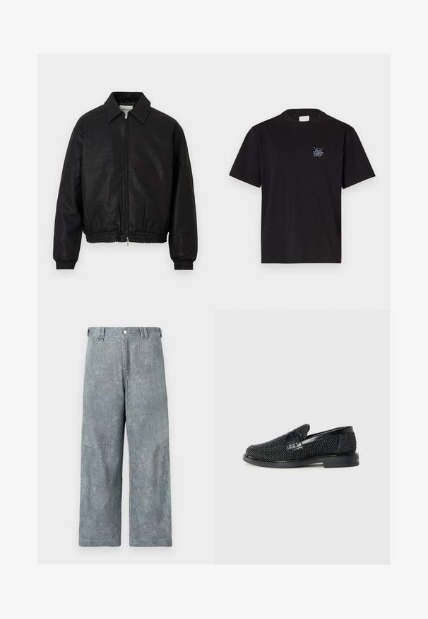 Čierna kožená bomber bunda s predným zipsom, špicatým golierom, elastickými manžetami a elastickým pásom vystavená na bielom pozadí.; Čierne bavlnené tričko s okrúhlym výstrihom a krátkymi rukávmi. Obsahuje malú modrú nášivku na ľavej hrudi. Jednoduchý, rovný strih.; Svetlosivé denimové nohavice so širokými nohavicami a textúrovaným povrchom, s gombíkovým zapínaním, pútkami na opasok a mierne vyblednutým vzhľadom.; Čierne tkané slip-on topánky s hladkým koženým akcentom na vrchnej časti, s okrúlym dizajnom špičky a nízkoprofilovou gumovou podrážkou.