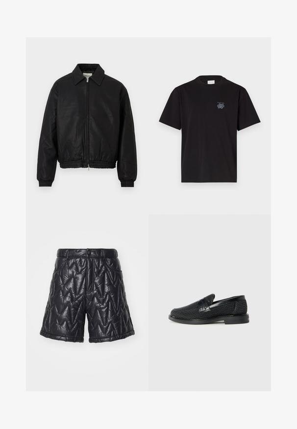 Black leather bomber jacket with a front zipper, pointed collar, elastic cuffs, and elastic waistband displayed on a white background.; Black cotton t-shirt with a crew neck and short sleeves. Features a small blue logo on the left chest. Simple, straight-cut design.; Black quilted shorts made of glossy, padded fabric. Features a zip fly, front pockets, and a zigzag stitch pattern on the surface.; Black woven slip-on shoe with a smooth leather accent on the upper, a round toe design, and a low-profile rubber sole.
