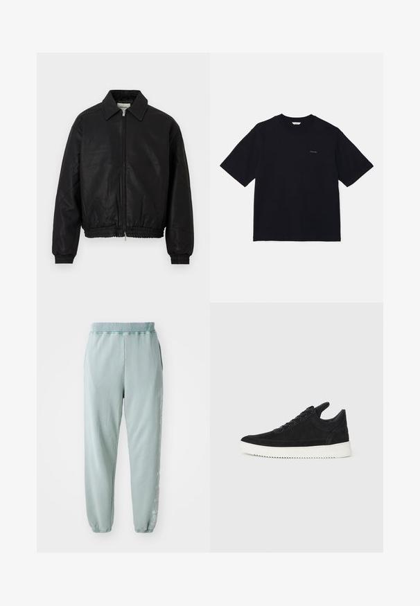 Mustast nahast bomber-jakk, millel on ees tõmblukk, terav krae, elastsed mansetid ja elastne talje, esitleb valgel taustal.; Must värviline lühikeste varrukatega t-särk, mis on valmistatud puuvillast, omab ümmargust kaelust ja väikest logo vasakul rinnal. Sile tekstuur ja mugav lõige.; Heled roheline kangast põlvpüksid, mis on valmistatud pehmest puuvillast, elastse talje, küljetaskute ja ühe jala peene graafilise detailiga.; Must mustel kingad valge kummist tallaga, millel on toon-toonis õmblused ja paeltega disain. Sile tekstuur ja moodne, voolujooneline kuju.