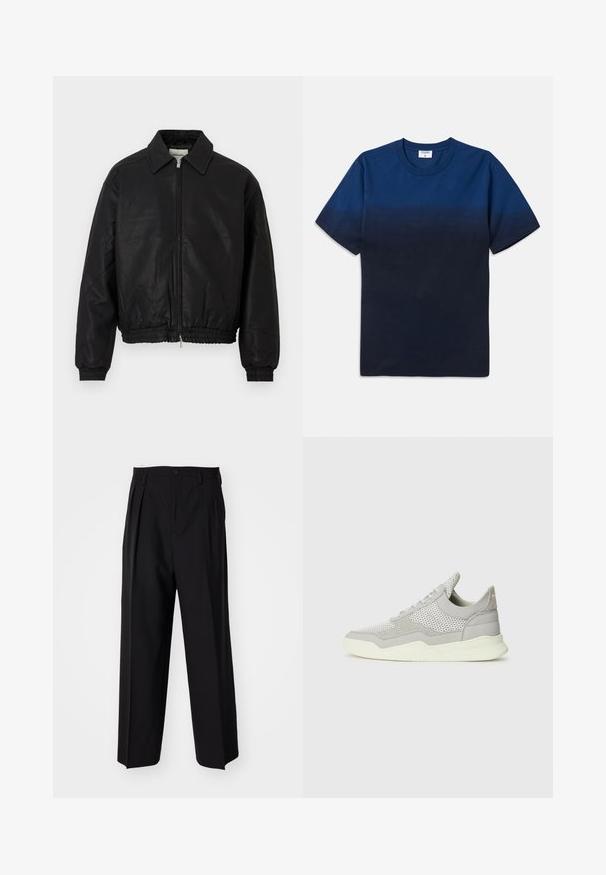 Jachetă bomber din piele neagră, cu fermoar frontal, guler ascuțit, manșon elastic și talie elastică, expusă pe un fundal alb.; Tricou din bumbac bleumarin cu guler rotund, mâneci scurte și un design subtil în degradé care trece de la nuanțe mai deschise la nuanțe mai închise.; Pantaloni negri plisat cu un design drept și pantaloni largi. Construiți dintr-un material neted, prevăzuți cu închidere cu nasture și bucle pentru curea.; Adidași gri cu secțiuni din plasă și suede, talpă din cauciuc și accente de culoare deschisă. Prezintă un design curbat și panouri texturate.