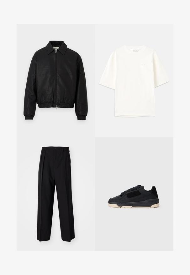 Crna kožna bomber jakna s prednjim zatvaračem, šiljastim ovratnikom, elastičnim manžetama i elastičnom strukom prikazana na bijeloj pozadini.; Bijela kratka majica s kratkim rukavima od pamuka. Ima okrugli izrez i mali crni "Holzweiler" logo s lijeve strane.; Crne plisirane hlače s ravnim širokim nogavicama. Izrađene od glatkog materijala, s dugmadi za zatvaranje i petljama za remen.; Crne niske tenisice s debelim bež potplatom, panelima od antilopa i kože, te okruglim crnim vezicama, prikazane u profilu s lijeve strane.