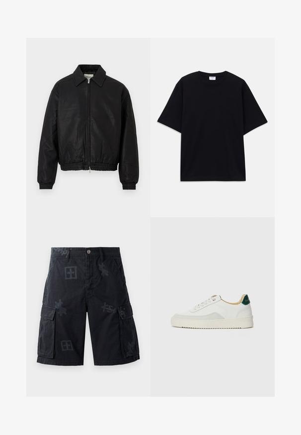 Juodas odinis bombonešio švarkas su priekine užtrauktuku, smailiu apykakle, elastingomis rankogaliais ir elastinga juosmens juosta, eksponuojamas ant balto fono.; Juodas trumpas rankovėmis per didelis marškinėliai su apvaliu iškirpimu ir matoma Filippa K prekės ženklo etiketė vidinėje apykaklės pusėje.; Juodi cargo šortai su dviem šoninėmis kišenėmis, sagčių uždarymu ir toną atitinkančiais grafikos raštais. Pagaminti iš tekstūruotos medžiagos.; Baltos sportbačiai su zomšos akcentais, apvaliu nosiu, plokščiais raišteliais ir kreminės spalvos guminiu padu. Ant kulno yra žalia ženklinimo detalė.
