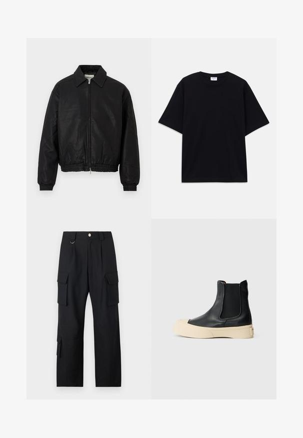 Černá kožená bomber bunda s předním zipem, špičatým límcem, elastickými manžetami a elastickým pasem na bílém pozadí.; Černé oversized tričko s krátkým rukávem, kulatým výstřihem a viditelnou značkou Filippa K uvnitř límce.; Černé cargo kalhoty vyrobené z texturované látky mají několik kapes, rovný střih nohavic a zapínání na zip/tlačítko v pase.; Černé kožené kotníkové boty s kulatou špičkou a béžovou platformou. Mají pružné boční části pro snadné obutí a hladký povrch.
