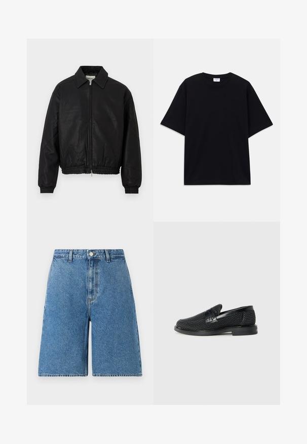 Chaqueta bomber de cuero negro con cremallera frontal, cuello puntiagudo, puños elásticos y cinturilla elástica, exhibida sobre un fondo blanco.; Camiseta oversized de manga corta en negro con escote redondo y etiqueta de la marca Filippa K visible en el interior del cuello.; Pantalones cortos de mezclilla azul con una cintura alta, que cuentan con un cierre de botón frontal, bolsillos laterales y un diseño de pierna recta.; Zapato negro de tejido con un acento de cuero suave en la parte superior, diseño de punta redonda y suela de goma de perfil bajo.
