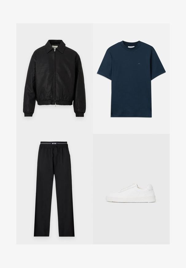 Veste bomber en cuir noir avec une fermeture éclair à l'avant, un col pointu, des poignets élastiques et une taille élastique, présentée sur un fond blanc.; T-shirt en coton bleu marine avec un col rond, des manches courtes et un logo discret imprimé sur la poitrine. Texture lisse et coupe classique.; Pantalons noirs à coupe décontractée, taille élastique, cordon de serrage ajustable et poches latérales. Fabriqués en tissu lisse sans motifs.; Sneaker blanc avec une tige en cuir lisse, bout rond, lacets, accents latéraux texturés et une épaisse semelle en caoutchouc. Design minimaliste.