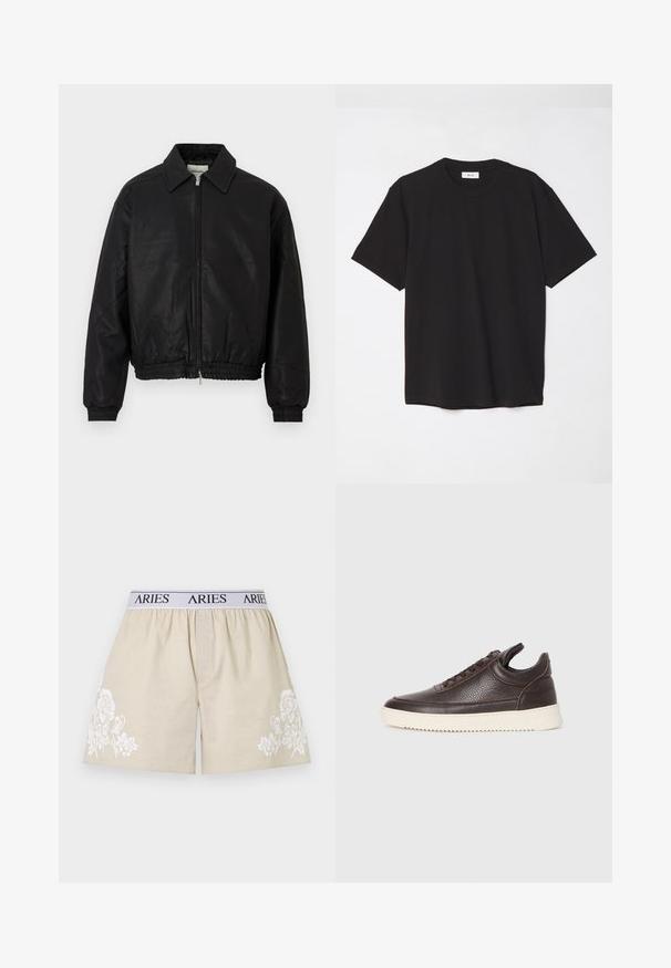 Jachetă bomber din piele neagră, cu fermoar frontal, guler ascuțit, manșon elastic și talie elastică, expusă pe un fundal alb.; Tricou negru din bumbac, cu guler rotund, mâneci scurte și o croială lejeră. Design simplu, textură netedă și fără modele sau logo-uri vizibile.; Șorturi bej din bumbac cu broderie florală albă pe o parte. Pantalonii au talie elastică cu "ARIES" imprimat în negru pe banda albă.; Tenis din piele texturată, de culoare maro închis, cu șireturi în față și talpă din cauciuc alb, cu margini, pe un fundal deschis.