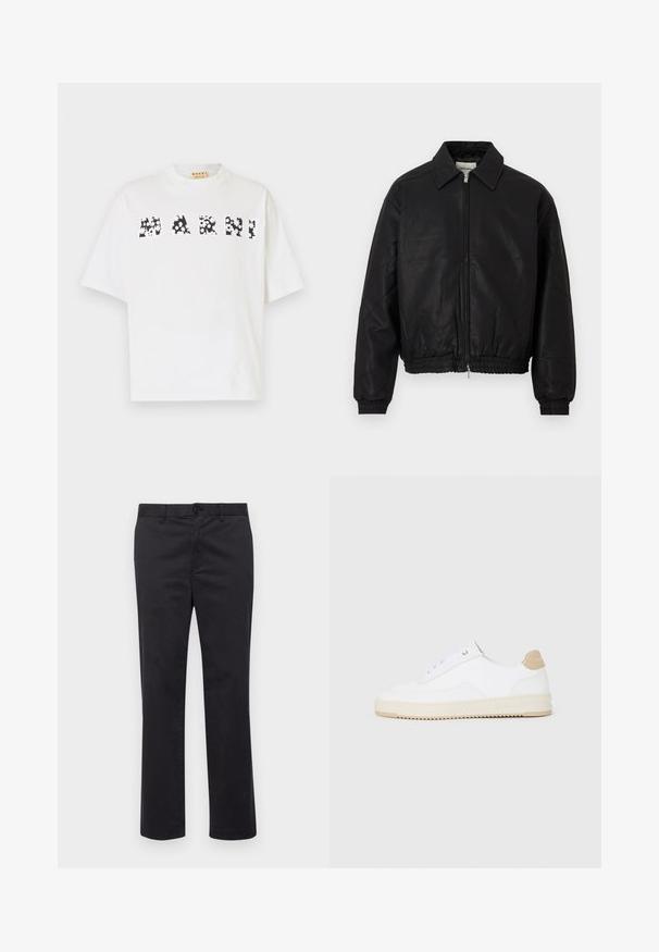 Juodas odinis bombonešio švarkas su priekine užtrauktuku, smailiu apykakle, elastingomis rankogaliais ir elastinga juosmens juosta, eksponuojamas ant balto fono.; Balta medvilninė marškinė su trumpomis rankovėmis ir aukštu apykaklės iškirpimu. Priekyje yra juodais gėlių raštais užrašyti žodžiai "MARNI".; Juodi medvilniniai kelniukai tiesaus kirpimo, su sagos uždarymu ir diržo kilpomis. Lygus audinys, be matomų raštų ar akcentų.; Baltos žemos sportbačiai su tekstūruota odine viršutinė dalimi, kreminė banguota priekiu ir ruda kulno akcentu. Yra baltos raištelės ir logotipas ant kulno.