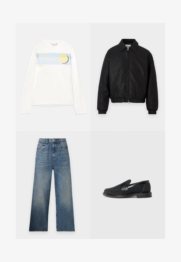 Sort læder bomberjakke med lynlås foran, spids krave, elastiske manchetter og elastisk talje præsenteret på en hvid baggrund.; Hvid langærmet t-shirt med et blåt grafisk stribe, et gult cirkulært design og teksten "Holzweiler" og "SUMMER 25 THE SUN." Blødt bomuldsstof.; Blå denim bredbenede jeans med høj talje, subtilt slid, fem lommer og metalknaplukning foran.; Sort vævet slip-on sko med en glat læderdetalje på overdelen, en rund tådesign og en lavprofil gummisål.
