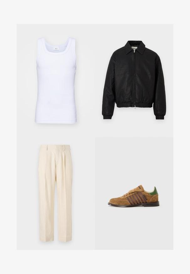 Schwarze Leder-Bomberjacke mit einem Frontreißverschluss, spitzem Kragen, elastischen Bündchen und elastischem Bund, präsentiert auf einem weißen Hintergrund.; Weißes Baumwoll-Top ohne Ärmel mit rundem Ausschnitt, ausgestattet mit einer glatten Textur und einer figurbetonten Form, ideal für die Freizeit.; NN.07 KAY - Stoffhose - off white; Braune Wildleder-Sneaker mit dunkelvioletten Streifen, grünem Fersenpatch und Schnürdesign. Verfügt über eine strukturierte Oberfläche und eine Gummisohle.