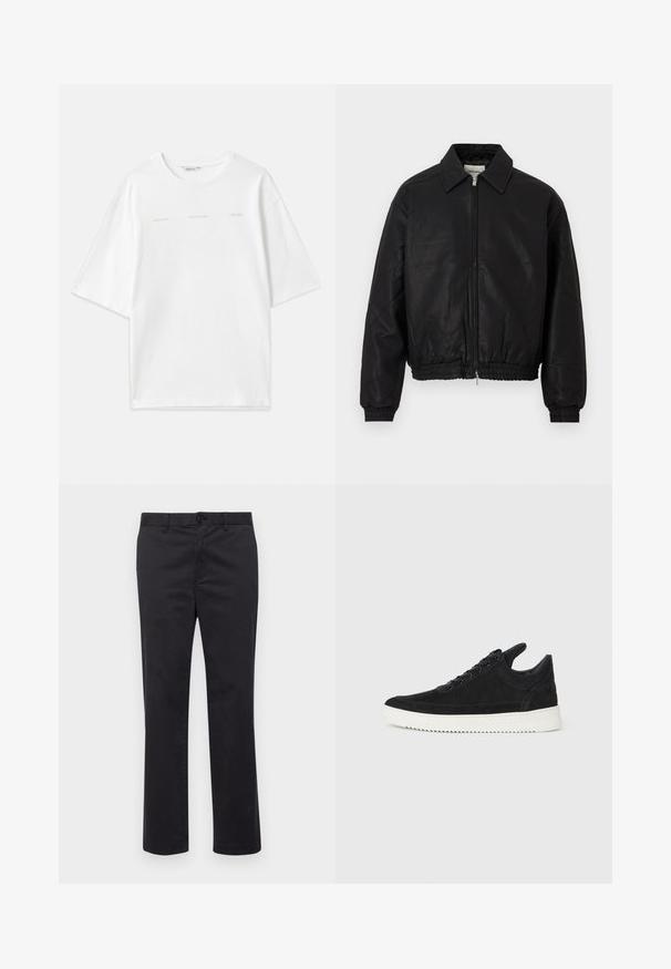 Černá kožená bomber bunda s předním zipem, špičatým límcem, elastickými manžetami a elastickým pasem na bílém pozadí.; Bílý bavlněný tričko s oversized střihem, kulatým výstřihem, krátkými rukávy a tištěnými textovými akcenty ve světlé béžové. Hladká textura.; Černé bavlněné kalhoty se střihovým designem rovného nohavice, s knoflíkovým zapínáním a poutky na opasek. Hladká textura, žádné viditelné vzory nebo akcenty.; Černé semišové tenisky s bílou gumovou podrážkou, s tónovým prošitím a šněrováním. Hladký povrch s moderním, aerodynamickým tvarem.