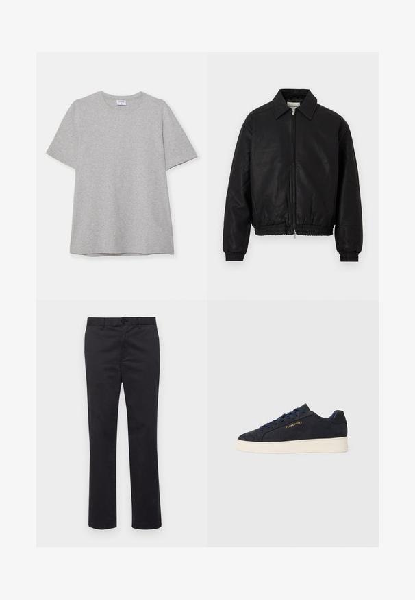 Juodas odinis bombonešio švarkas su priekine užtrauktuku, smailiu apykakle, elastingomis rankogaliais ir elastinga juosmens juosta, eksponuojamas ant balto fono.; Pilkas trumpas rankovėmis marškinėliai, pagaminti iš minkštos, tekstūruotos medžiagos. Turi klasikinį apvalų kaklą ir tiesų apatinį kraštą, tinkamą kasdieniam dėvėjimui.; Juodi medvilniniai kelniukai tiesaus kirpimo, su sagos uždarymu ir diržo kilpomis. Lygus audinys, be matomų raštų ar akcentų.; Tamsiai mėlynos zomšos žemos batai su balta siaura, tamsiai mėlynais raišteliais ir auksiniu logotipu „Filling Pieces“ šone.