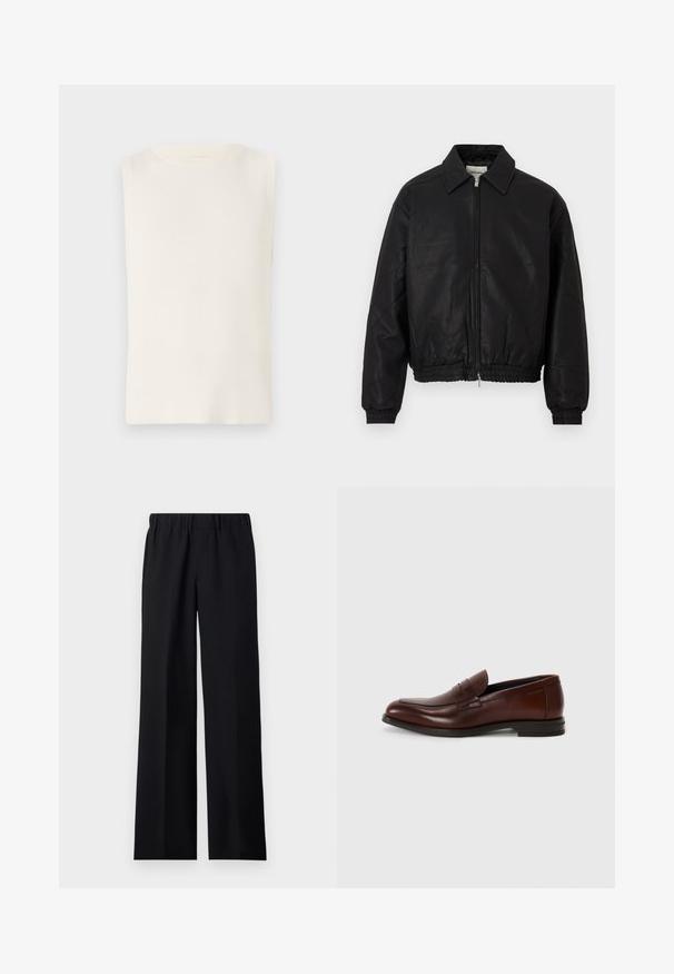 Fekete bőr bomber dzseki elülső cipzárral, hegyes gallérral, rugalmas mandzsettákkal és rugalmas derékkal, fehér háttér előtt kiállítva.; Ujjatlan, fehér bordás felső, kerek nyakkal, sima textúrával és testhez álló fazonnal, alkalmas hétköznapi viseletre.; sandro LARGE - Nadrágok - noir; Barna bőr loaferek lekerekített orral, elülső pánt részlettel és alacsony, stílusos sarokkal. Sima textúra minimális díszítéssel.