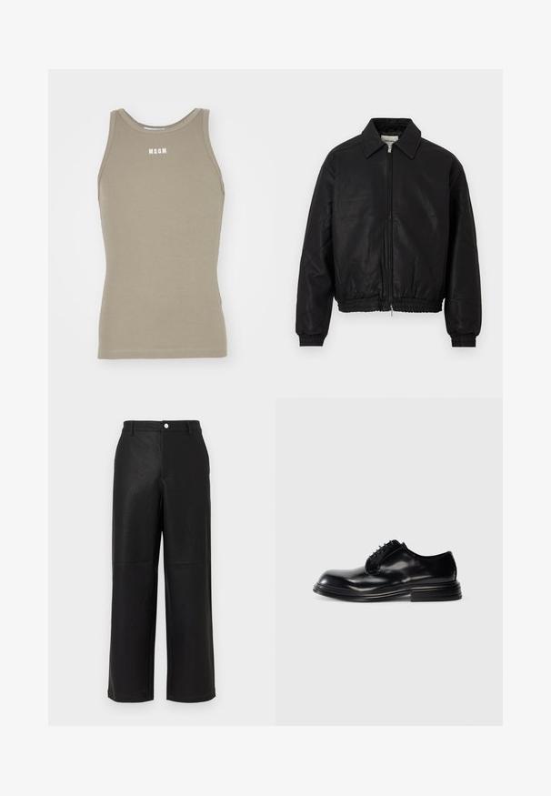 Black leather bomber jacket with a front zipper, pointed collar, elastic cuffs, and elastic waistband displayed on a white background.; Khaki racerback tank top made of stretchy cotton with a ribbed texture; features a white "MSGM" logo on the chest area.; Black faux leather wide-leg pants with a subtle textured finish. Features front pockets and a smooth waistband with a button closure.; Black leather dress shoe with a rounded toe, smooth finish, lace-up design, and a stacked heel. Minimalist style with no visible logos.