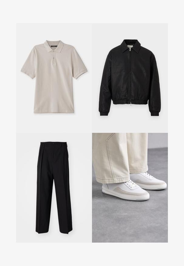 Juodas odinis bombonešio švarkas su priekine užtrauktuku, smailiu apykakle, elastingomis rankogaliais ir elastinga juosmens juosta, eksponuojamas ant balto fono.; Bežinė polo marškinėli, pagaminti iš medvilnės, su klasikiniu apykaklė, trumpomis rankovėmis ir subtiliu išsiuvinėtu logotipu kairėje krūtinės pusėje.; Juodi klostuoti kelnių, su tiesiu, plačiu kojų dizainu. Pagaminti iš lygios medžiagos, su mygtukų uždarymu ir diržo kilputėmis.; Balti sportbačiai su lygia odine viršutine dalimi, smėlio spalvos zomšiniais akcentais, plokščiomis raištelėmis ir tekstūruota gumine padu, derinami su šviesiomis plačiomis kelnėmis.