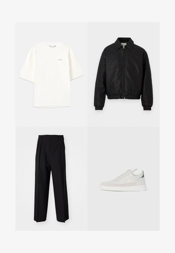Czarna skórzana kurtka bombowa z zamkiem błyskawicznym z przodu, spiczastym kołnierzem, elastycznymi mankietami i elastycznym paskiem na tle białym.; Biała koszulka z krótkim rękawem wykonana z bawełny. Posiada okrągły dekolt oraz małe czarne logo "Holzweiler" po lewej stronie.; Czarne plisowane spodnie o prostym, szerokim kroju nogawek. Wykonane z gładkiego materiału, z zapięciem na guzik i pętelkami na pasek.; Białe skórzane trampki z szarymi zamszowymi akcentami, sznurowany design, uchwyt oraz teksturowana gumowa podeszwa z wzorem w zygzak.