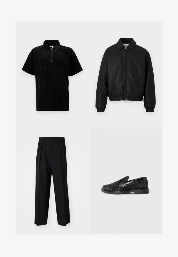 Chaqueta bomber de cuero negro con cremallera frontal, cuello puntiagudo, puños elásticos y cinturilla elástica, exhibida sobre un fondo blanco.; Polo negro hecho de material suave y aterciopelado, que presenta una cremallera corta, un corte relajado y mangas cortas con un cuello clásico.; Pantalones negros plisados con un diseño recto y de pierna ancha. Fabricados en una tela suave, presentan un cierre de botón y trabillas para el cinturón.; Zapato negro de tejido con un acento de cuero suave en la parte superior, diseño de punta redonda y suela de goma de perfil bajo.