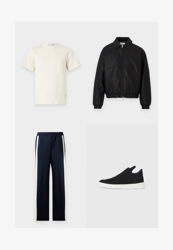 Melnas ādas bumbierveida jakas ar priekšējo rāvējslēdzēju, norādītu apkakli, elastīgām garajām piedurknēm un elastīgu jostasvietu, kas izstādīta uz balta fona.; Gai bežs kokvilnas T-krekls ar noapaļotu kakla izgriezumu un īsām piedurknēm. Tam ir taisna griezuma forma un neliela logo birka kreisajā pusē.; Jūras spēku pelēkās bikses ar platām kājām, akcentētas ar vertikālām krēmkrāsas svītrām pa malām. Izgatavotas no mīkstas, teksturētas auduma ar elastīgu jostu.; Melna zamša apavi ar baltu gumijas zoli, ar tonālu izšuvumu un auklu dizainu. Gluda tekstūra ar mūsdienīgu, plūstošu formu.