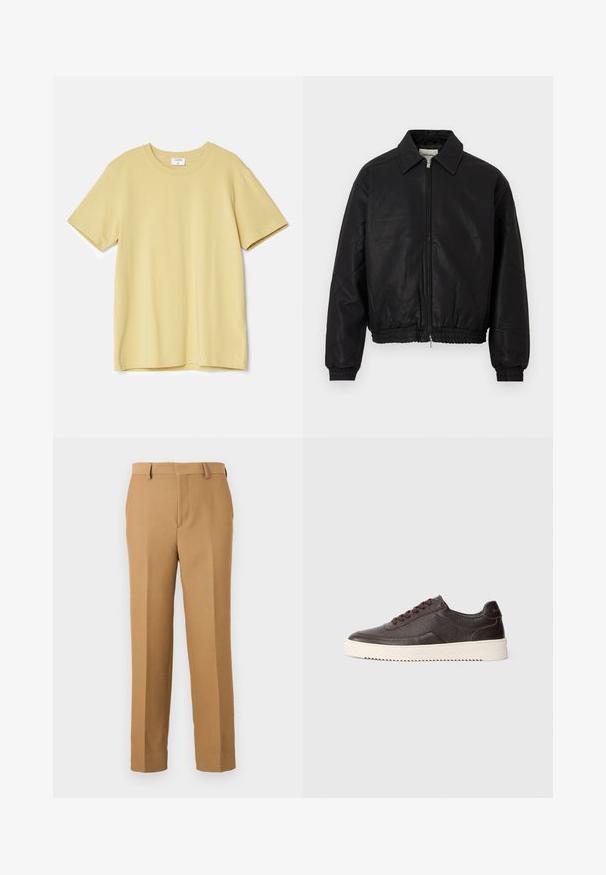 Črna usnjena bomberska jakna s sprednjim zadrgo, koničastim ovratnikom, elastičnimi manžetami in elastičnim pasom, prikazana na beli podlagi.; Rumena kratka majica iz mehkega bombaža, s krožnim izrezom in ravnim krojem, brez vidnih vzorcev ali dodatkov.; Bež hlače iz tkanine, s ravnim krojem, ravnim sprednjim delom in pasom za pas. Gladka tekstura brez vidnih vzorcev.; Temno rjavi usnjeni športni copati z teksturno obdelavo, povsem okroglo konico in kontrastnim kremnim gumijastim podplatom. Imajo vezalke in subtilne šive.
