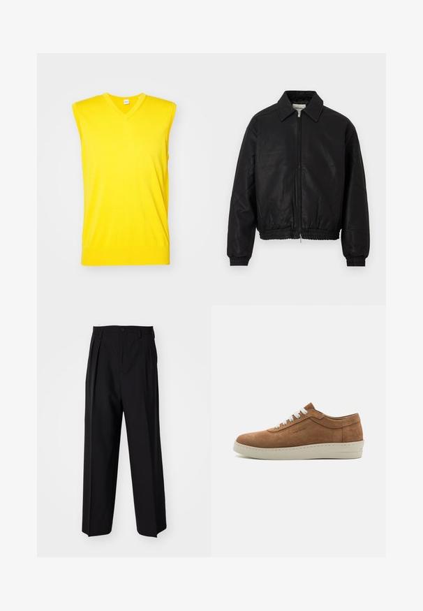 Svart läder bomberjacka med dragkedja fram, spetsig krage, elastiska ärmslut och elastisk midja, visad mot en vit bakgrund.; Gul ärmlös tröja med V-ringning, tillverkad av mjukt material. Har en ribbad nederkant och slät yta, perfekt för varmt väder.; Svarta plisserade byxor med en rak, bred bendesign. Tillverkade av ett slätt tyg, med knäppning fram och bälteshällor.; Bruna mockasiner i mocka med vita snören, rund tå och en strukturerad gummisula. Har en sydd detalj längs sulans kant.