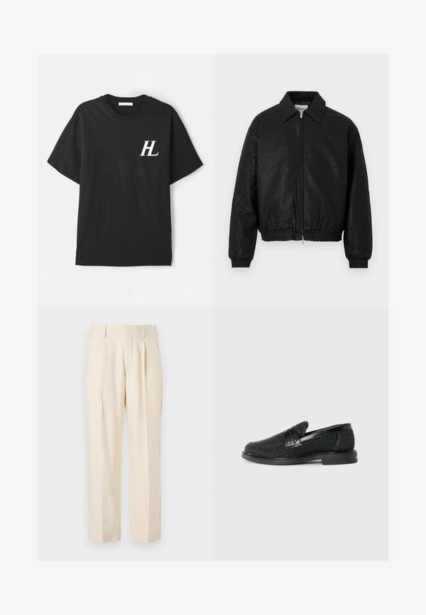 Veste bomber en cuir noir avec une fermeture éclair à l'avant, un col pointu, des poignets élastiques et une taille élastique, présentée sur un fond blanc.; T-shirt en coton noir à manches courtes, avec un logo "HL" blanc sur la poitrine gauche. Coupe classique, texture lisse et design à col rond.; NN.07 KAY - Pantalon classique - off white; Chaussure slip-on tissée noire avec un accent en cuir lisse sur le dessus, un design à bout rond et une semelle en caoutchouc à profil bas.