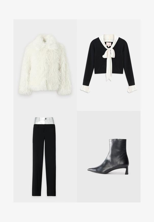 Veste en fausse fourrure blanche avec un col montant, présentant un extérieur texturé et shaggy et des manches longues, conçue dans une coupe décontractée.; Pull cropped noir à manches longues avec col blanc attaché, nœud papillon à l'avant et poignets en dentelle blanche sur les manches.; Pantalon noir avec une taille en argent brillant. Doté d'une fermeture à bouton et de quatre poches, avec une coupe ajustée et un design à jambe droite.; Bottine en cuir noir avec un bout pointu et un design épuré. Présente un petit talon et une fermeture éclair à l'arrière. Texture lisse.