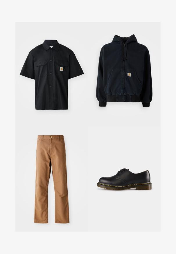 Fekete cipzáros kapucnis pulóver elülső zsebekkel, húzózsinóros kapucnival, bordázott mandzsettával és aljjal, egy kis téglalap alakú sárga logóval a zseben.; Fekete, rövid ujjú ing, szőtt anyagból készült, gombos elülső résszel, két mellzsebbel és egy kis narancssárga logóval.; Barna egyenes szárú nadrág övbelépőkkel, elülső zsebekkel, gombos záródással és cipzáros sliccel, fehér háttérrel.; Fekete bőr cipő lekerekített orral, fűzős kialakítással, sárga varrással a talp mentén és masszív, texturált gumi talppal.